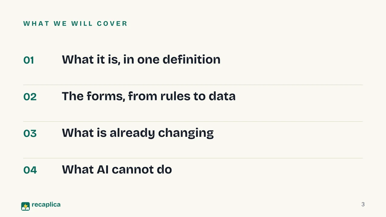 Slide 3 of the presentation on Artificial intelligence: What we will cover