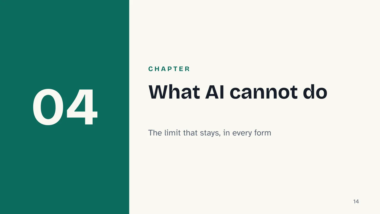 Slide 14 of the presentation on Artificial intelligence: Chapter 04: What AI cannot do