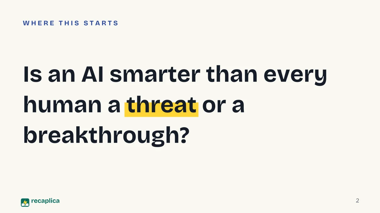 Slide 2 of the presentation on Artificial Superintelligence: Is an AI smarter than every human a threat or a breakthrough?