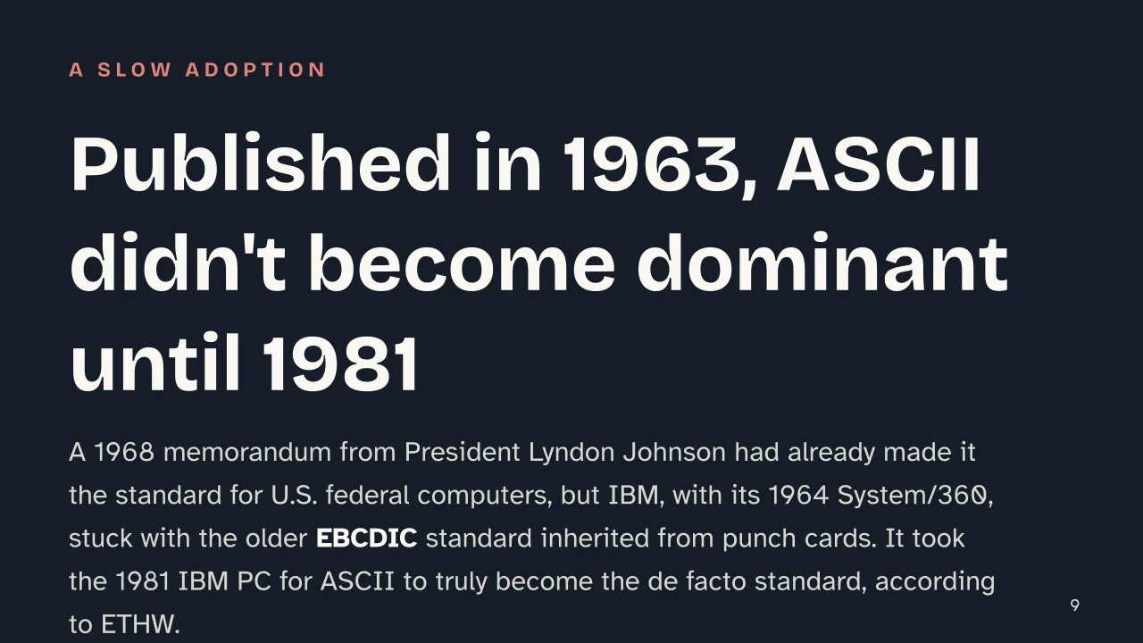 Slide 9 of the presentation on ASCII Table: Published in 1963, ASCII didn't become dominant until 1981