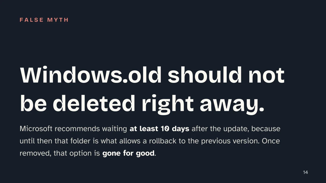 Slide 14 of the presentation on Clean Junk Files from PC and Mac: Windows.old should not be deleted right away.