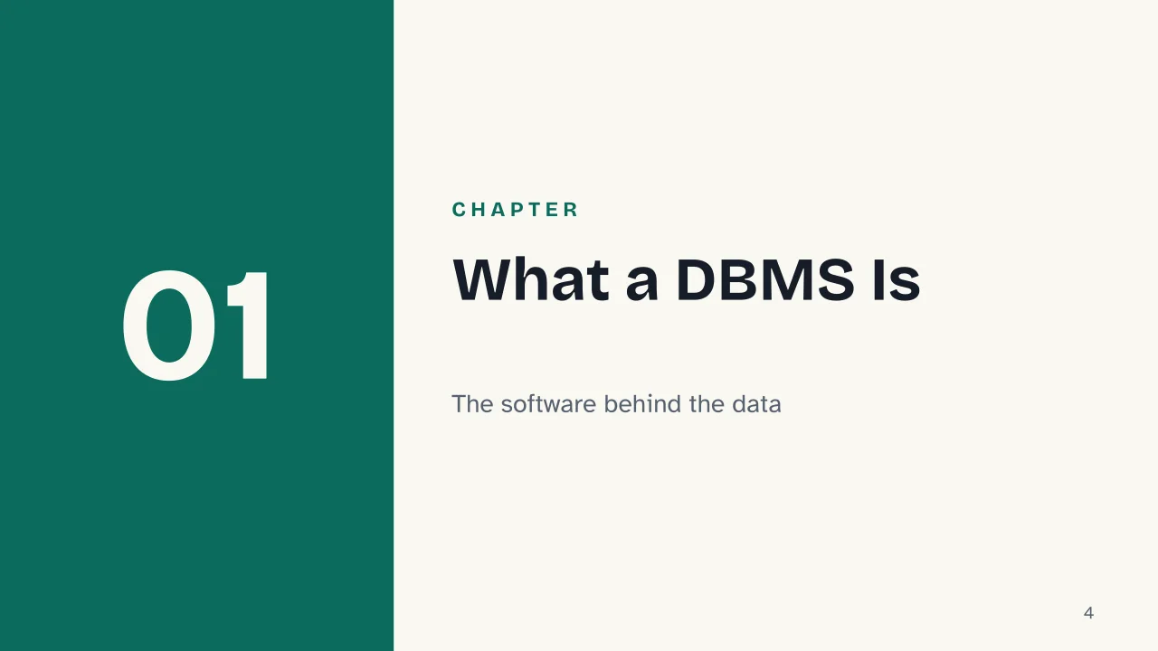 Slide 4 of the presentation on DBMS: Chapter 01: What a DBMS Is