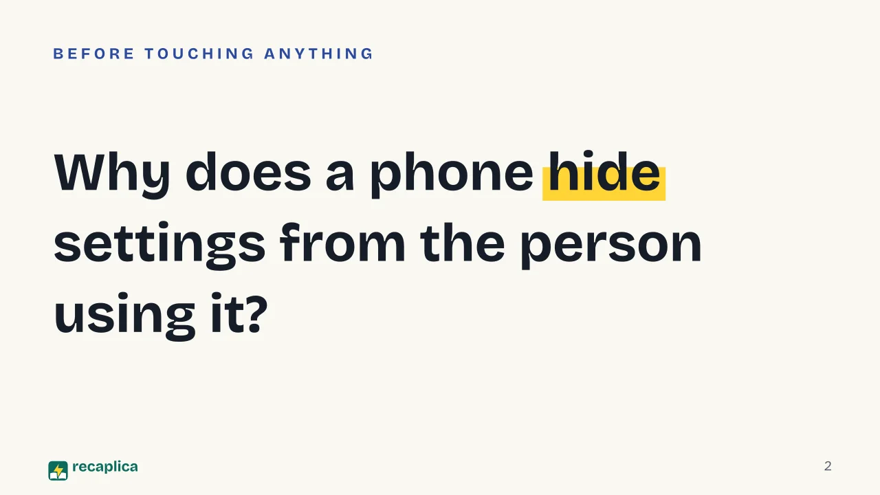 Slide 2 of the presentation on Developer Options: Why does a phone hide settings from the person using it?