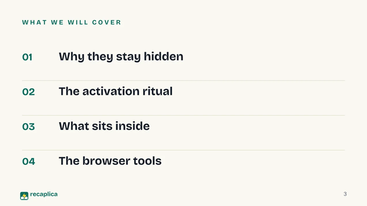 Slide 3 of the presentation on Developer Options: What we will cover