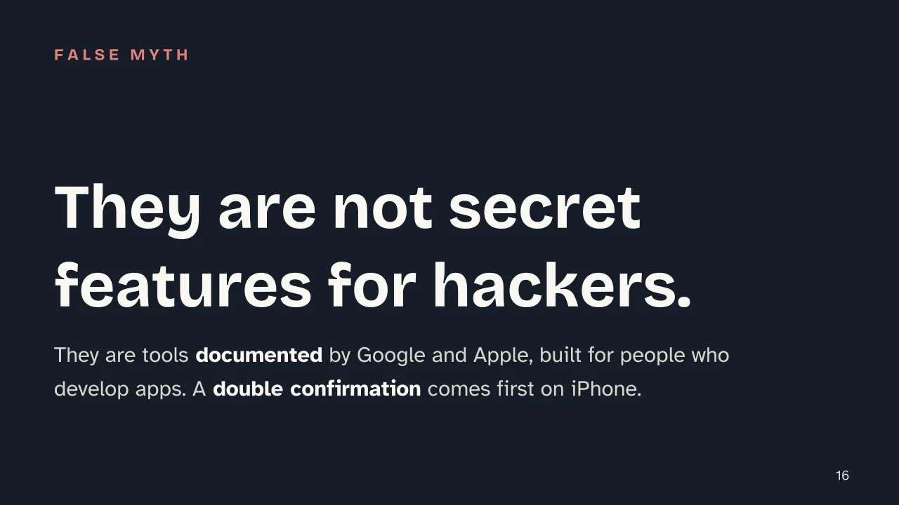 Slide 16 of the presentation on Developer Options: They are not secret features for hackers.