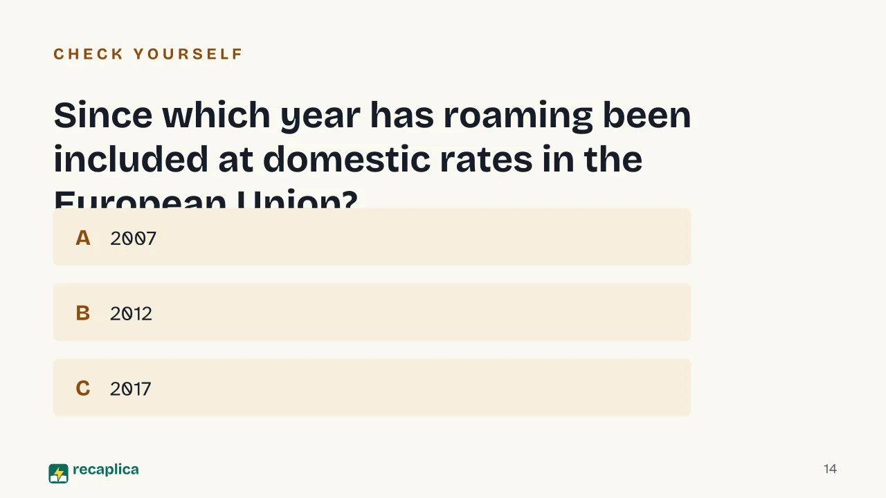 Slide 14 of the presentation on eSIM: Since which year has roaming been included at domestic rates in the European Union?