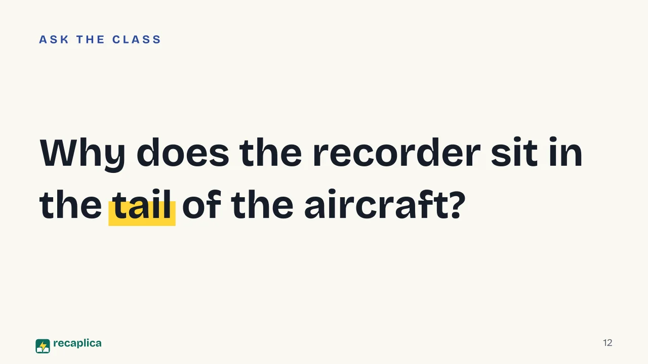 Slide 12 of the presentation on Flight data recorder: Why does the recorder sit in the tail of the aircraft?