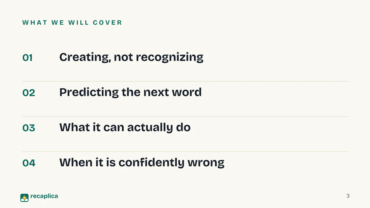 Slide 3 of the presentation on Generative AI: What we will cover