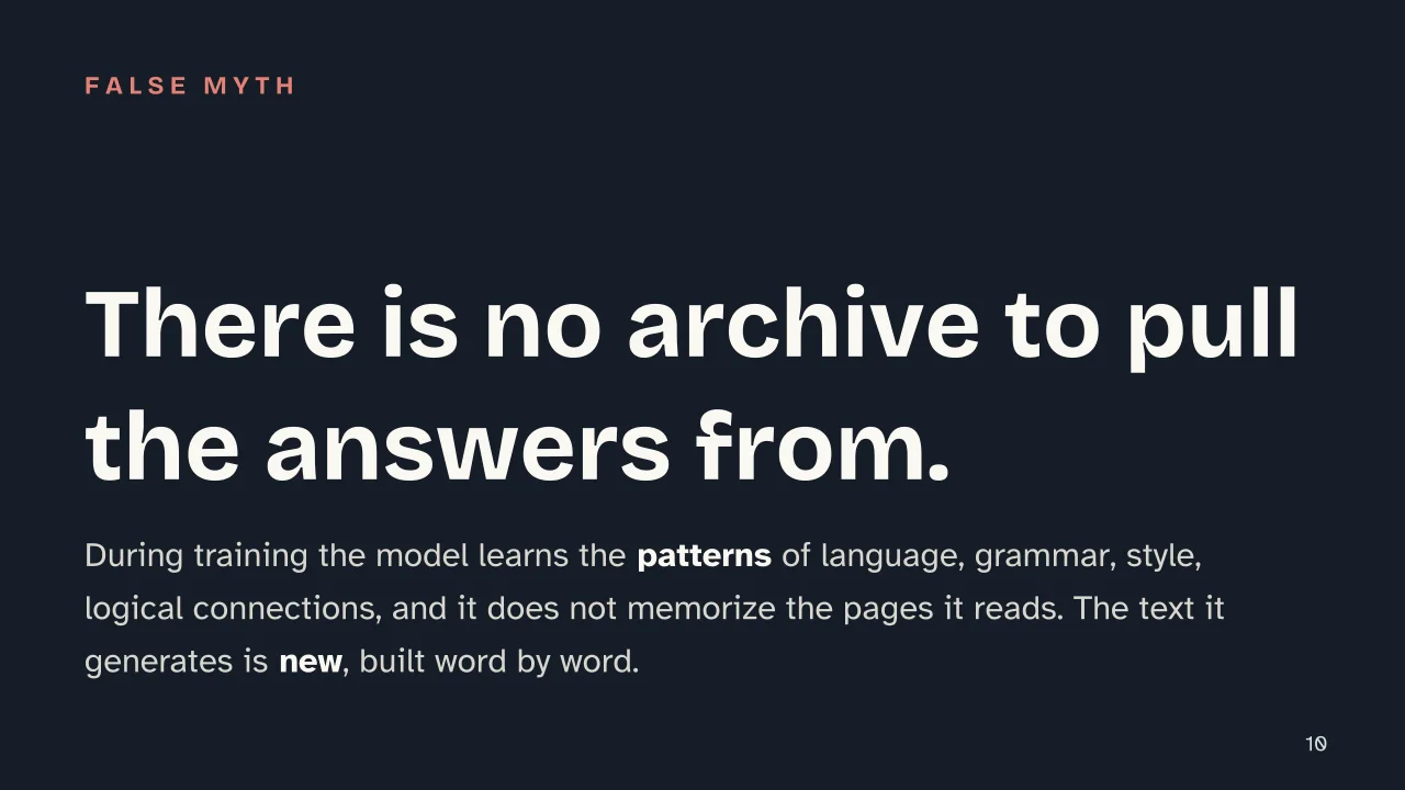 Slide 10 of the presentation on Generative AI: There is no archive to pull the answers from.