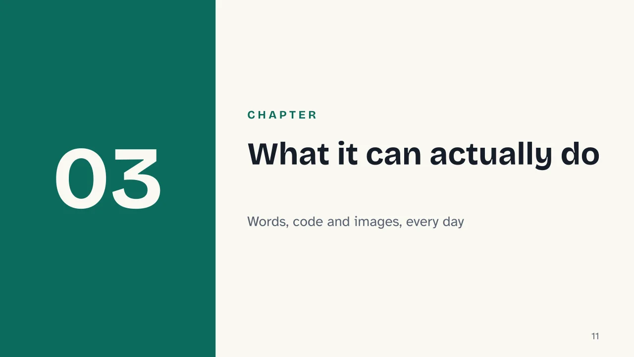 Slide 11 of the presentation on Generative AI: Chapter 03: What it can actually do