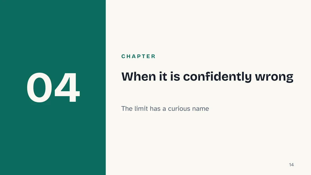 Slide 14 of the presentation on Generative AI: Chapter 04: When it is confidently wrong