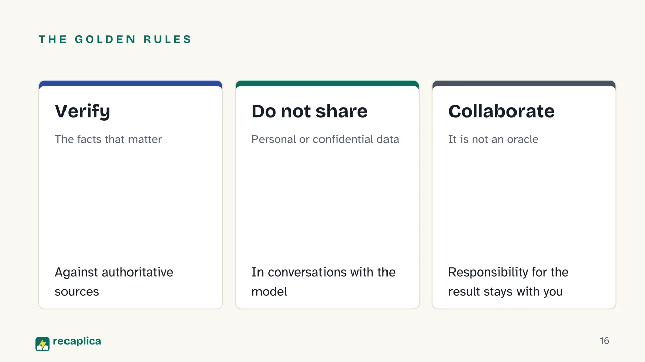 Slide 16 of the presentation on Generative AI: The golden rules: Verify, Do not share, Collaborate