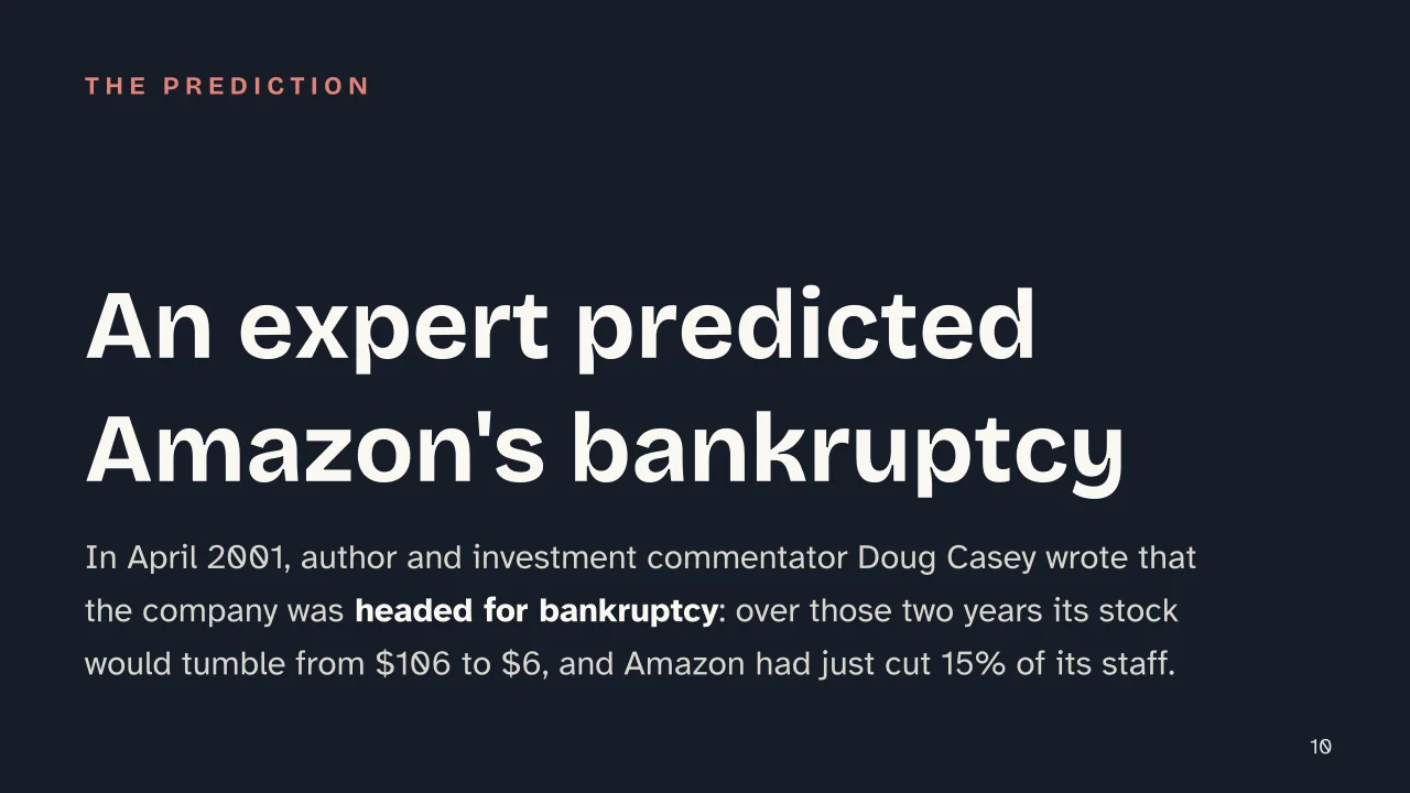 Slide 10 of the presentation on History of Amazon and Jeff Bezos: An expert predicted Amazon's bankruptcy