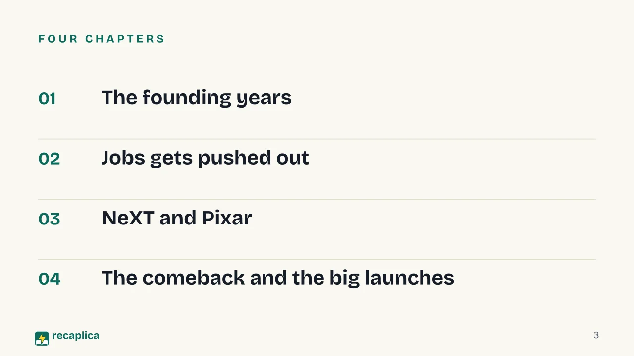 Slide 3 of the presentation on History of Apple and Steve Jobs, from the Garage to His Return as CEO: Four chapters