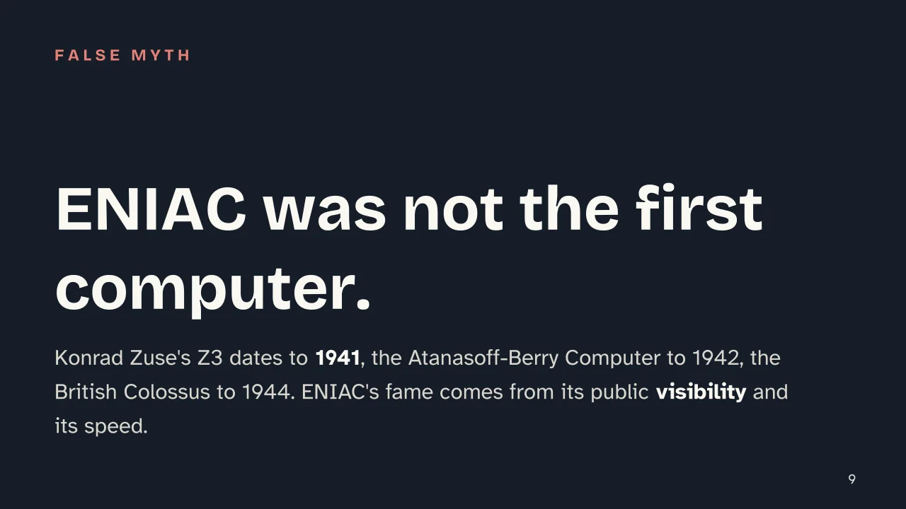Slide 9 of the presentation on History of Computers: ENIAC was not the first computer.