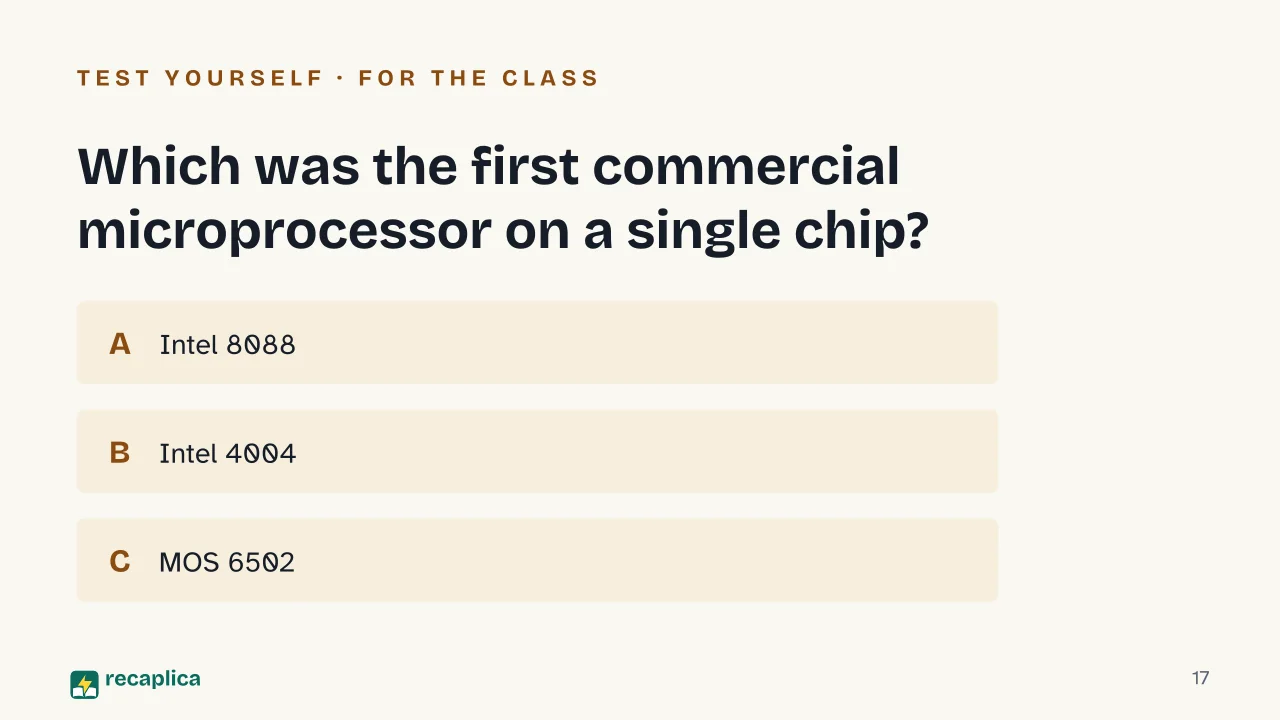 Slide 17 of the presentation on History of Computers: Which was the first commercial microprocessor on a single chip?