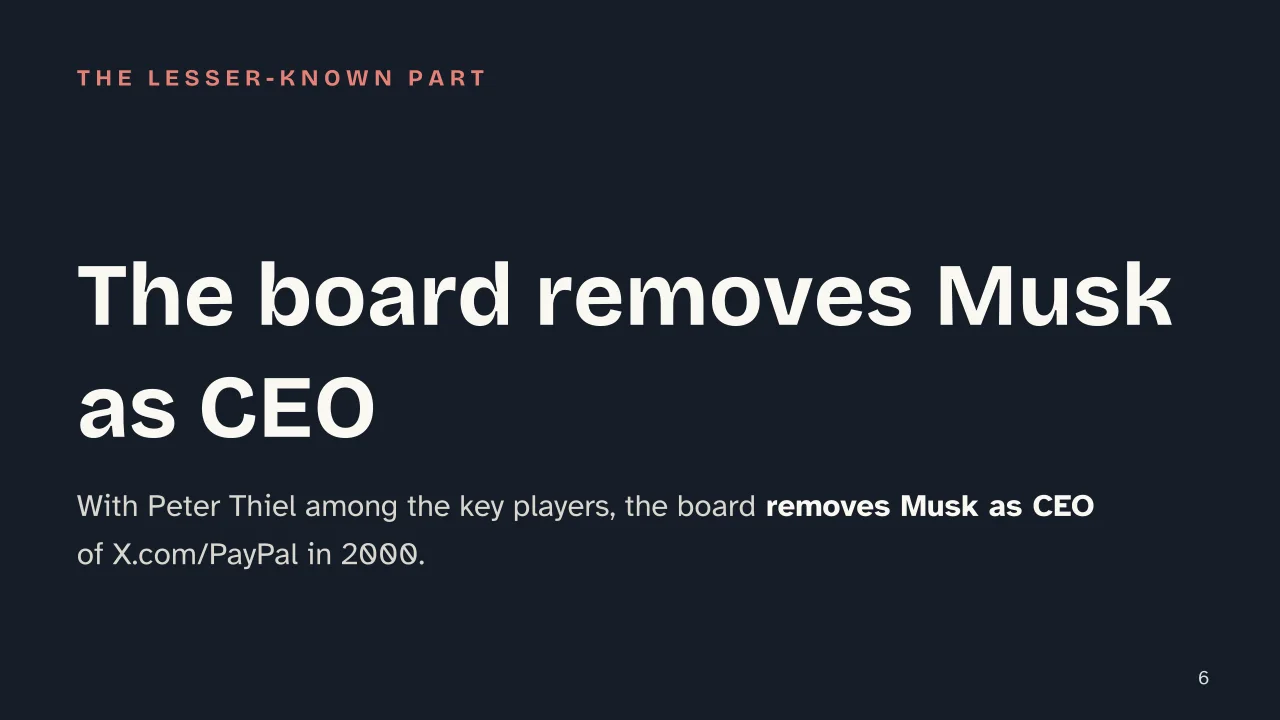 Slide 6 of the presentation on Elon Musk: The board removes Musk as CEO