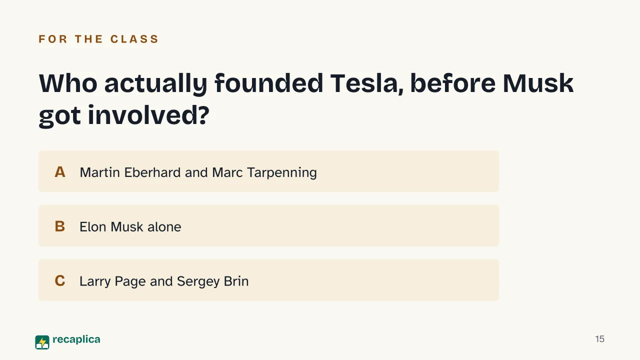 Slide 15 of the presentation on Elon Musk: Who actually founded Tesla, before Musk got involved?