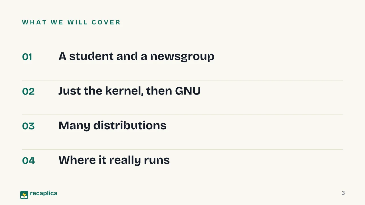 Slide 3 of the presentation on History of Linux: What we will cover
