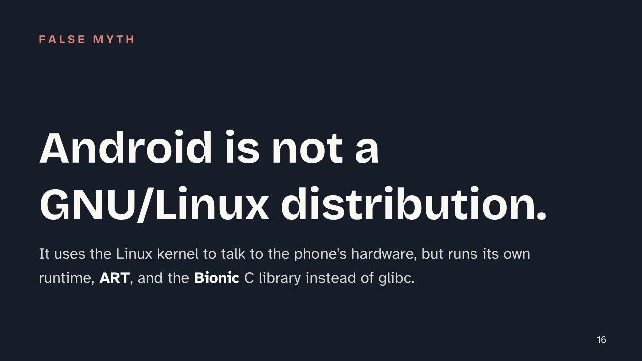 Slide 16 of the presentation on History of Linux: Android is not a GNU/Linux distribution.