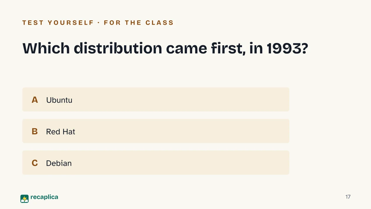 Slide 17 of the presentation on History of Linux: Which distribution came first, in 1993?
