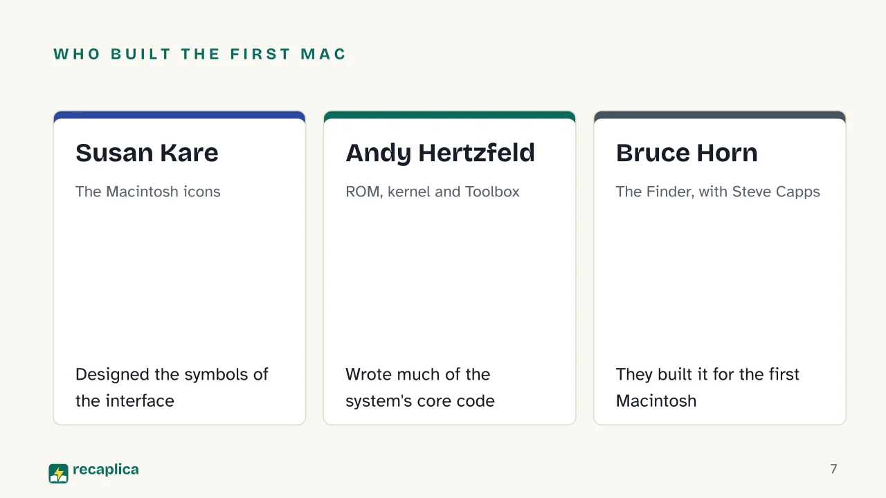 Slide 7 of the presentation on The History of Mac OS and macOS: Who built the first Mac: Susan Kare, Andy Hertzfeld, Bruce Horn