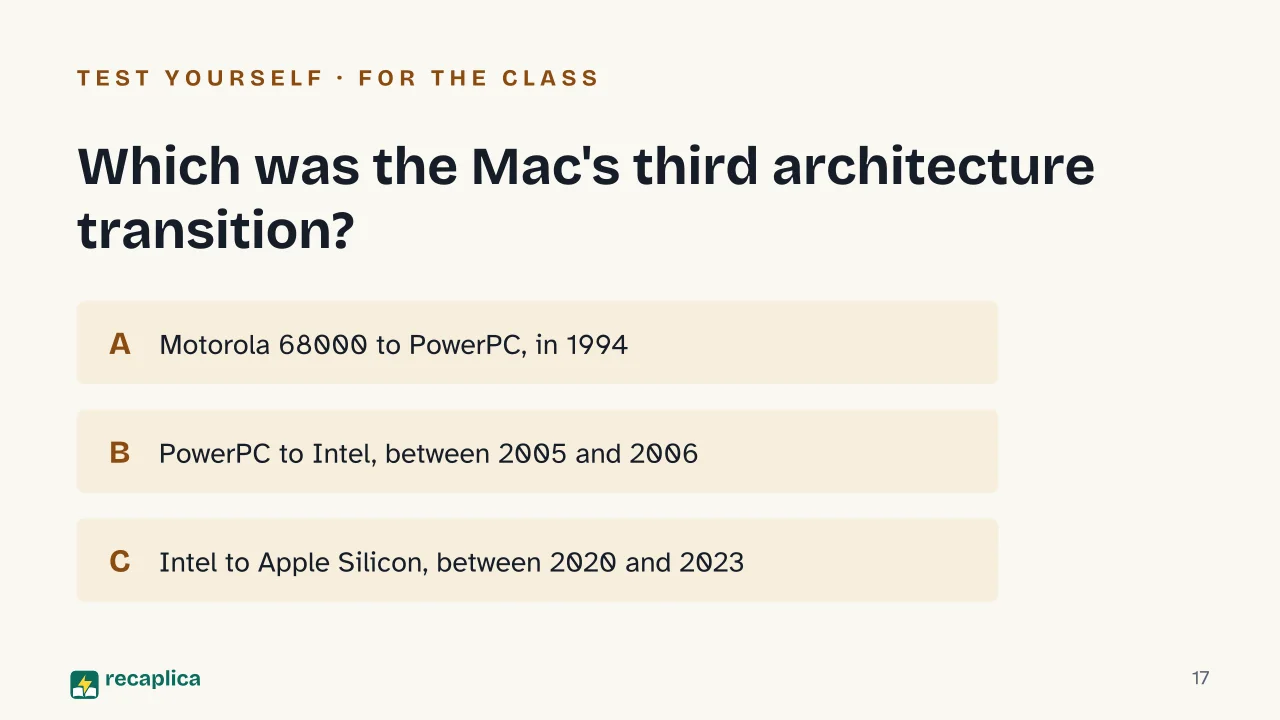 Slide 17 of the presentation on The History of Mac OS and macOS: Which was the Mac's third architecture transition?