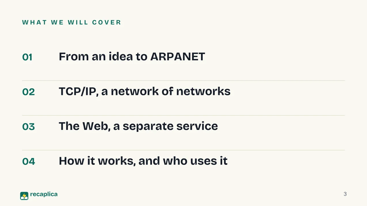 Slide 3 of the presentation on The History of the Internet: What we will cover