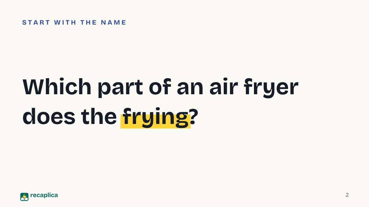 Slide 2 of the presentation on How air fryers work (and why they don't really fry anything): Which part of an air fryer does the frying?