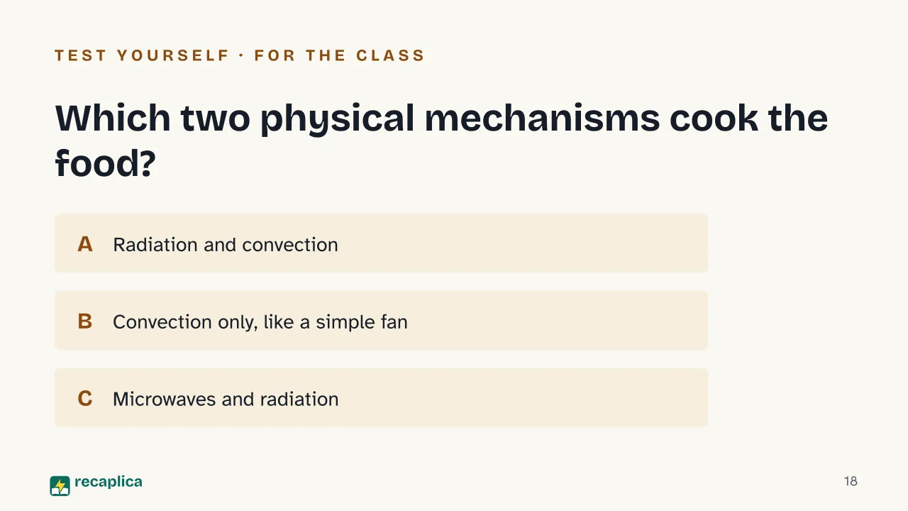 Slide 18 of the presentation on How air fryers work (and why they don't really fry anything): Which two physical mechanisms cook the food?