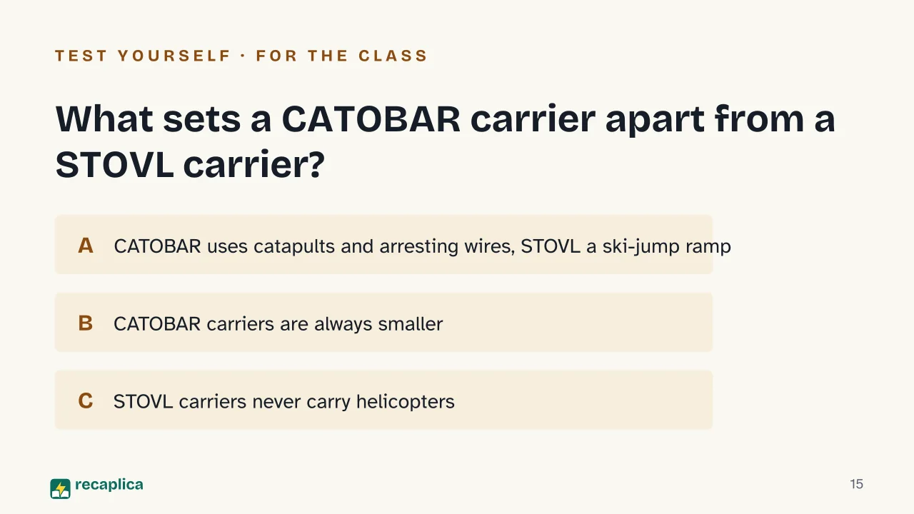 Slide 15 of the presentation on How Does an Aircraft Carrier Work? Flight Deck, Catapults and Nuclear Power: What sets a CATOBAR carrier apart from a STOVL carrier?
