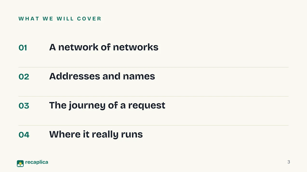 Slide 3 of the presentation on How the internet works: What we will cover
