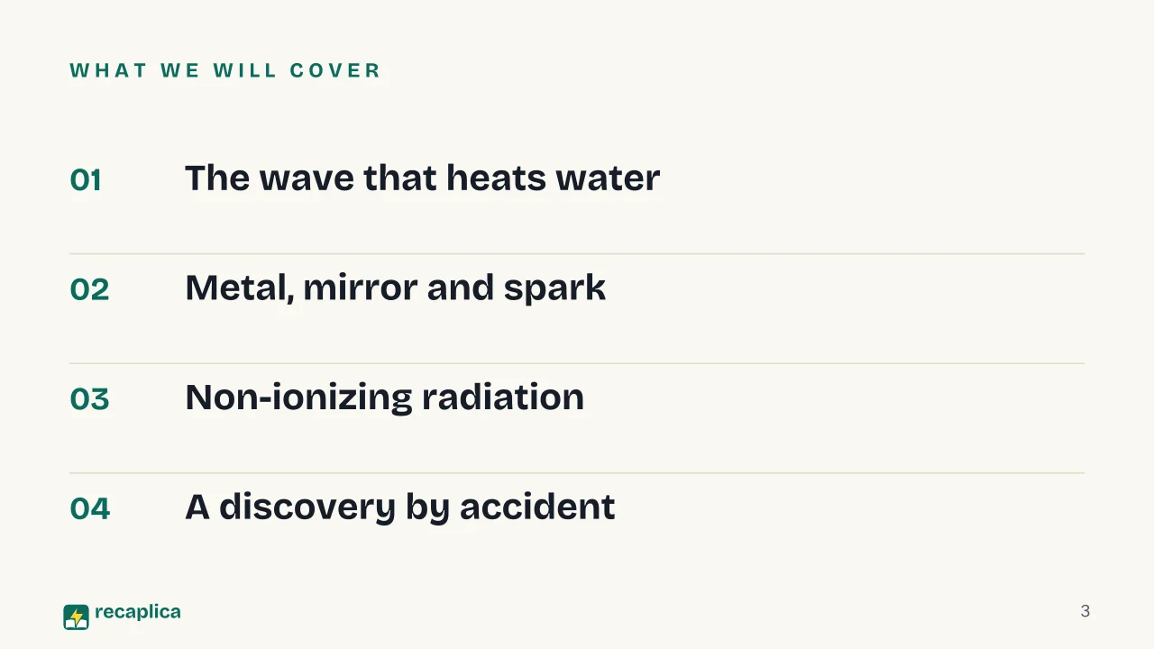 Slide 3 of the presentation on How microwave ovens work, and why they don't make food radioactive: What we will cover
