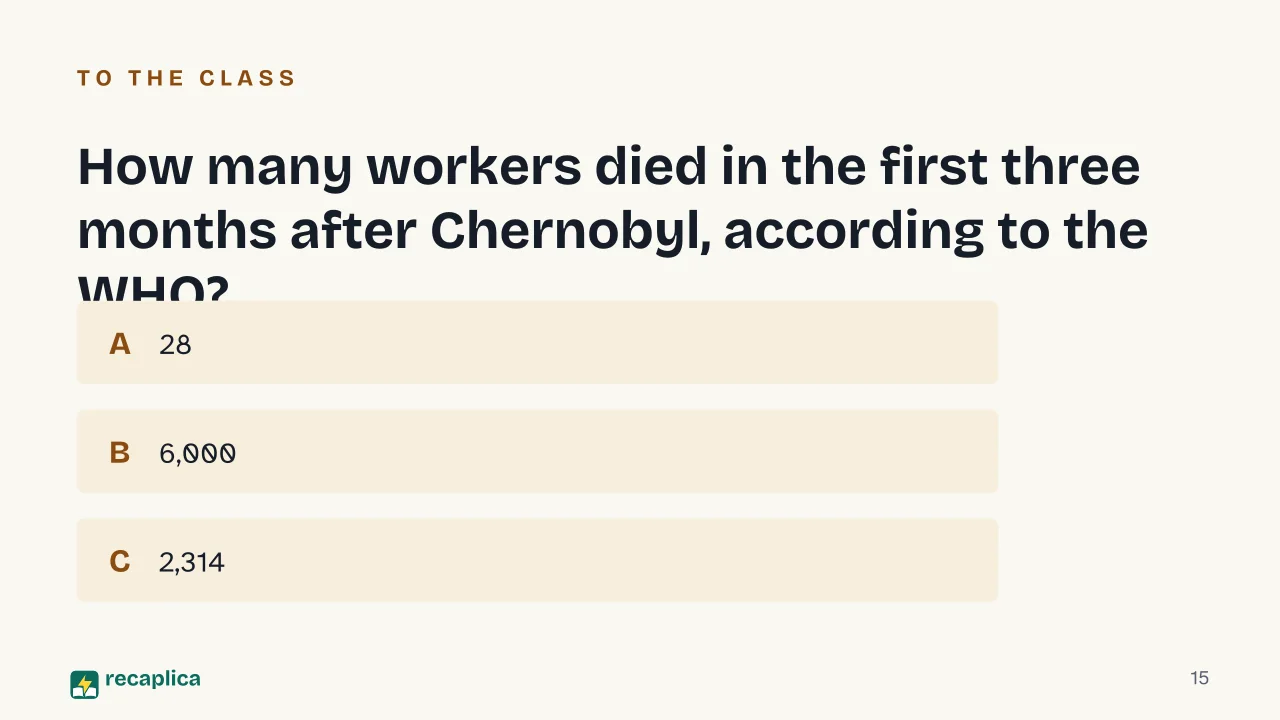 Slide 15 of the presentation on Nuclear Power Plant: How many workers died in the first three months after Chernobyl, according to the WHO?