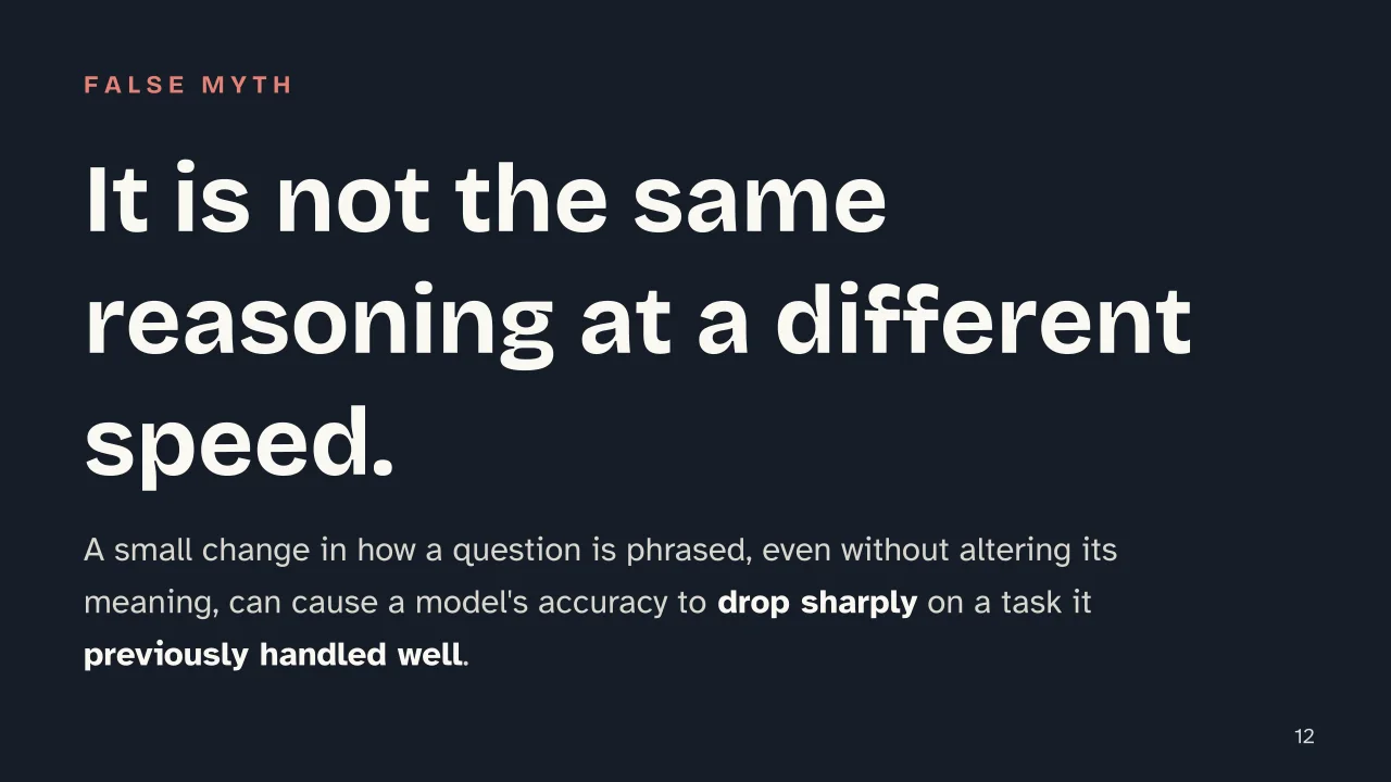 Slide 12 of the presentation on Human Cognition vs. AI: It is not the same reasoning at a different speed.