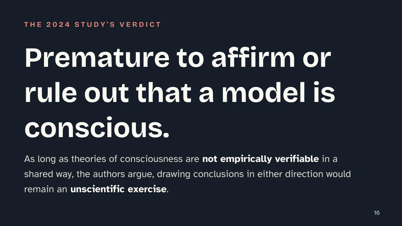 Slide 16 of the presentation on Human Cognition vs. AI: Premature to affirm or rule out that a model is conscious.