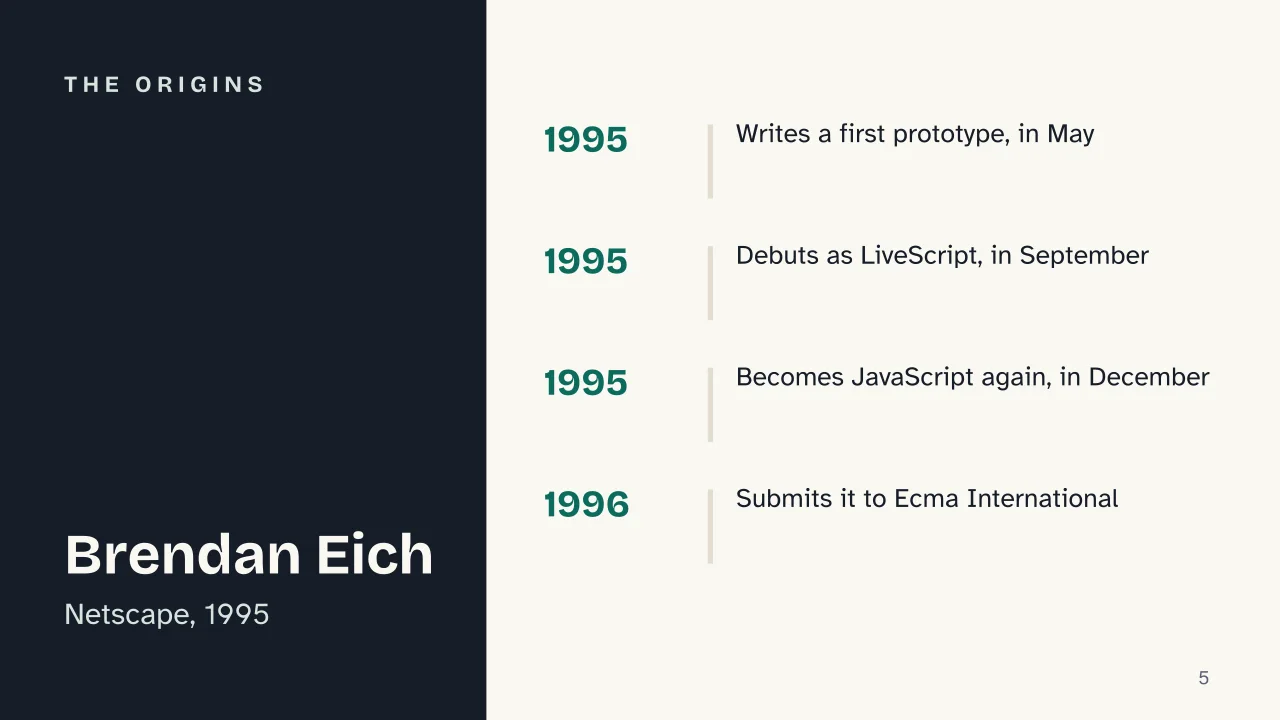 Slide 5 of the presentation on What is JavaScript? The language that outgrew the browser: The origins