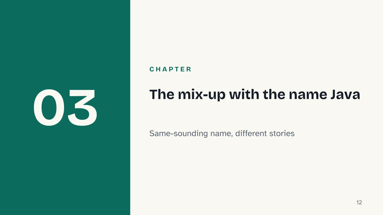 Slide 12 of the presentation on What is JavaScript? The language that outgrew the browser: Chapter 03: The mix-up with the name Java