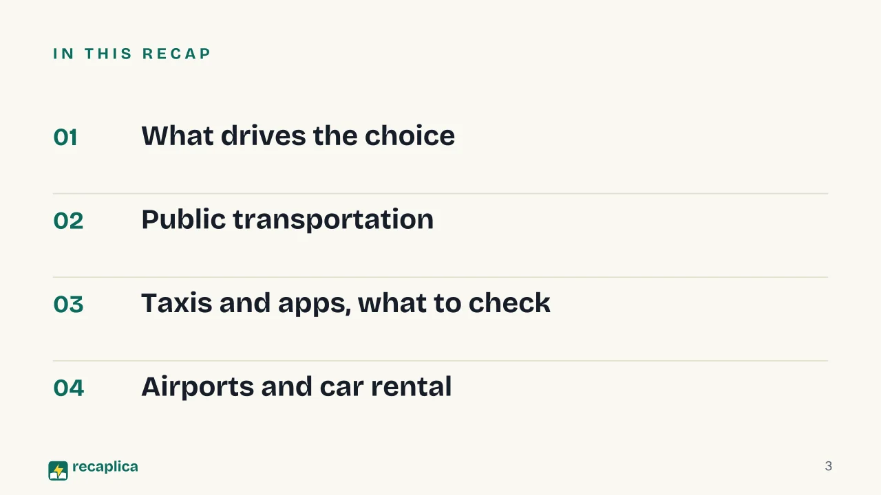 Slide 3 of the presentation on Local Transportation While Traveling: In this Recap