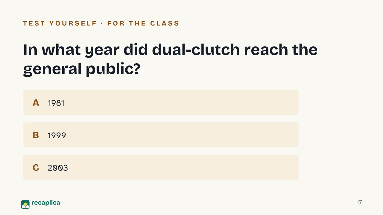 Slide 17 of the presentation on Manual vs. Automatic Transmission: In what year did dual-clutch reach the general public?