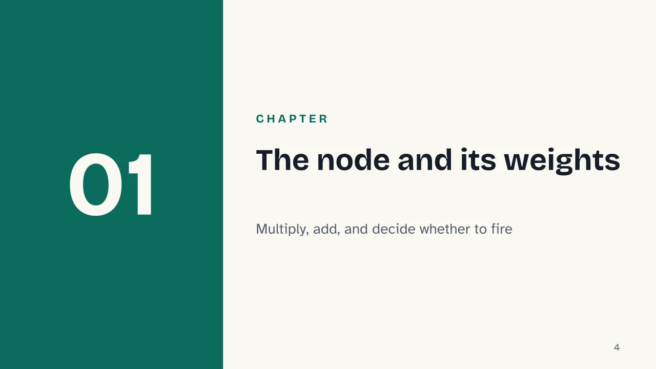 Slide 4 of the presentation on Neural networks: Chapter 01: The node and its weights