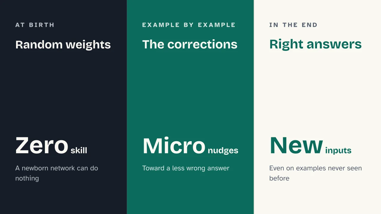 Slide 11 of the presentation on Neural networks: Random weights · The corrections · Right answers