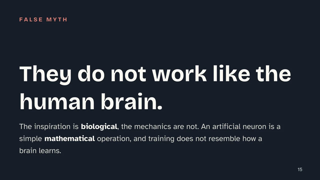 Slide 15 of the presentation on Neural networks: They do not work like the human brain.
