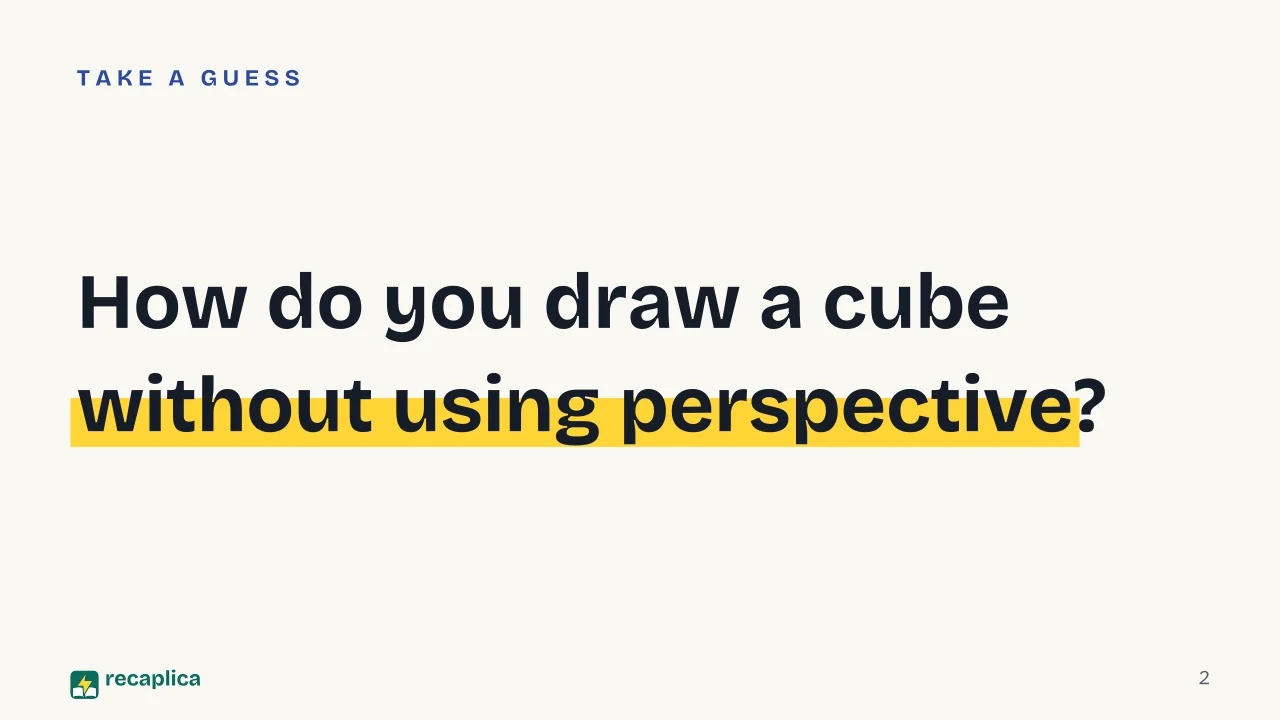 Slide 2 of the presentation on What Is Orthographic Projection? How to Draw an Object in Three Views: How do you draw a cube without using perspective?