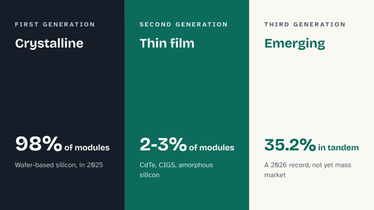 Slide 8 of the presentation on Solar panel systems: Crystalline · Thin film · Emerging