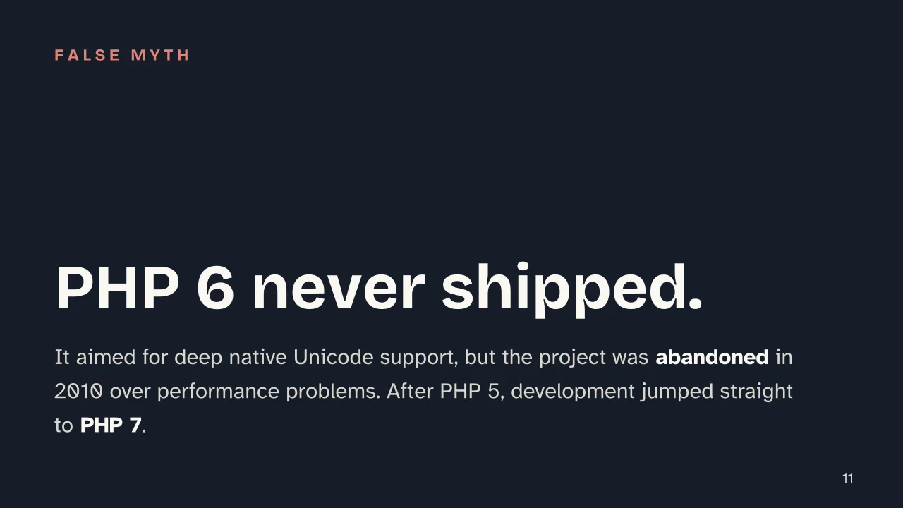 Slide 11 of the presentation on What is PHP? The programming language running the web: PHP 6 never shipped.