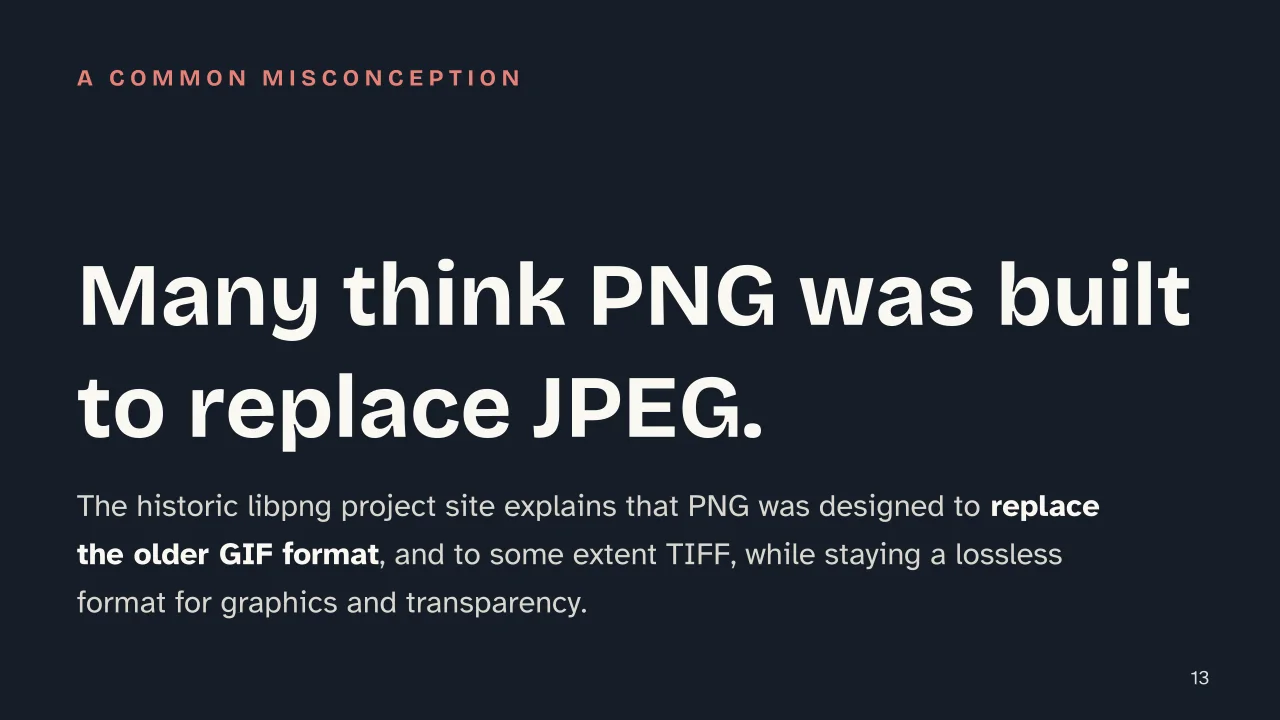 Slide 13 of the presentation on Vector vs Raster Images: Many think PNG was built to replace JPEG.