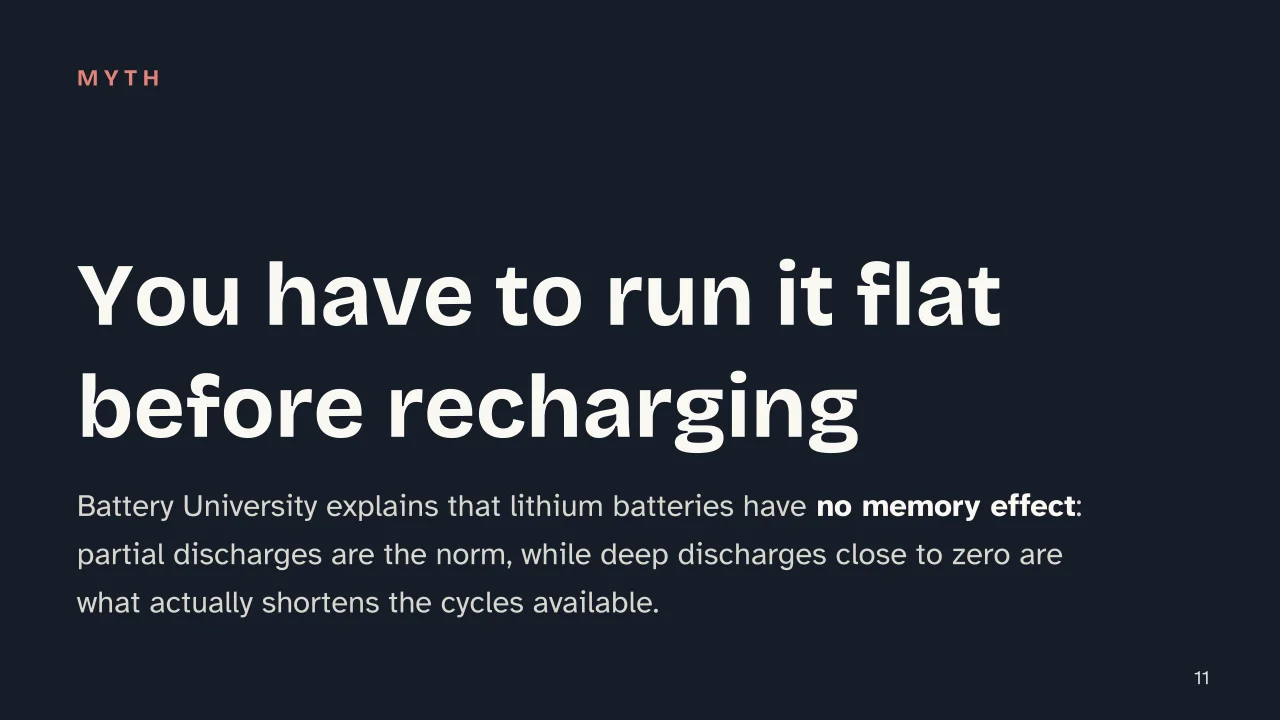 Slide 11 of the presentation on Smartphone Battery Life: You have to run it flat before recharging