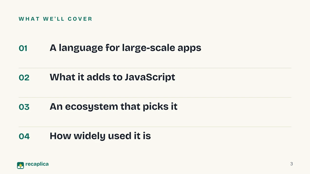 Slide 3 of the presentation on What Is TypeScript? Inside Microsoft's Typed Superset of JavaScript: What we'll cover