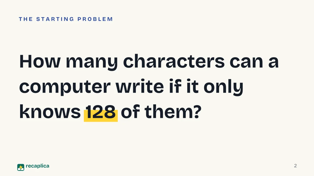 Slide 2 of the presentation on Unicode: How many characters can a computer write if it only knows 128 of them?